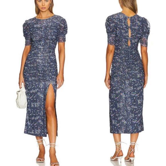 Free People Briella Blue Ruched Short Sleeve Midi Dress Women's Size XL - Picture 1 of 13